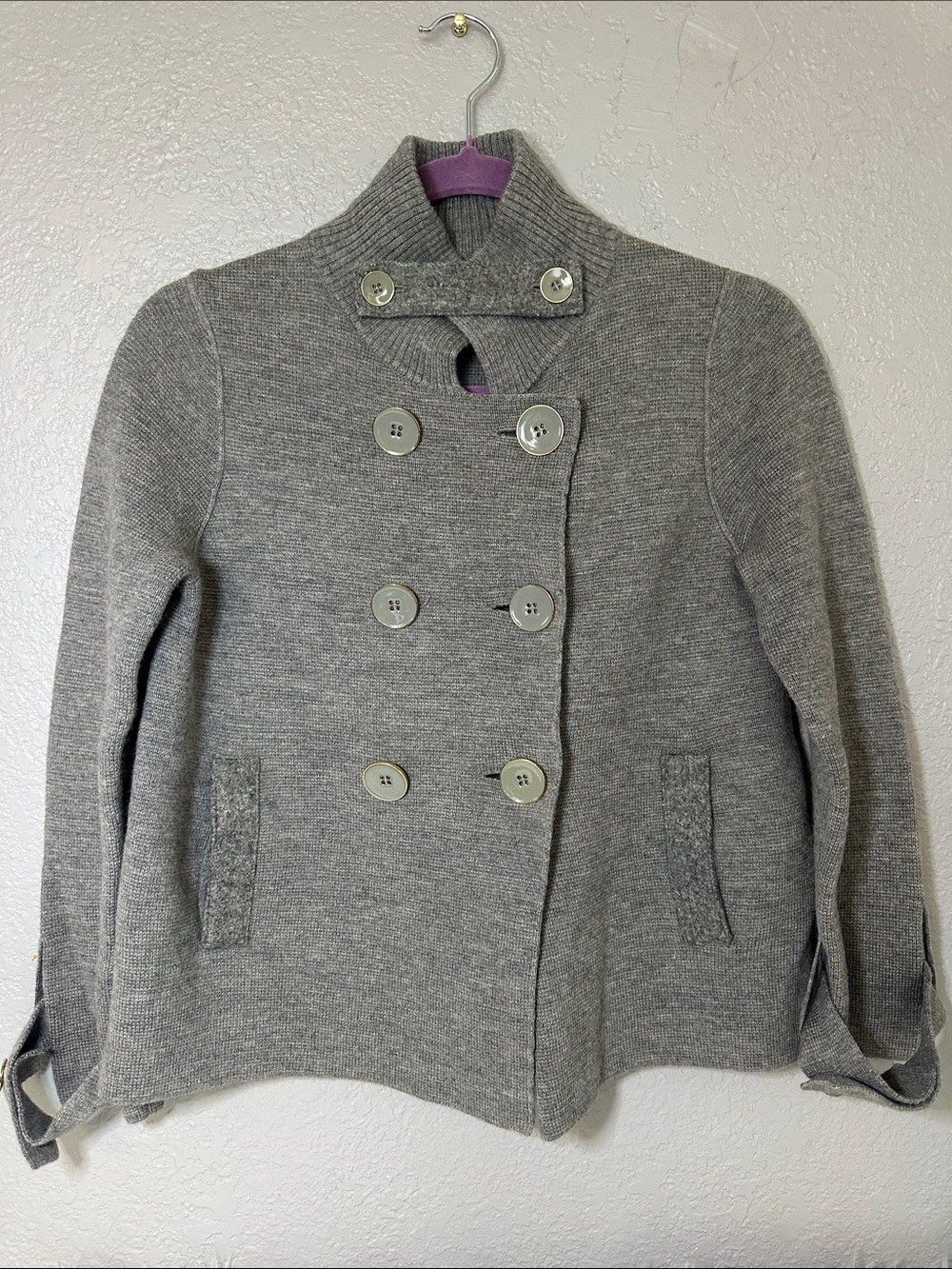 J. Crew Gray Double-Breasted Knit Pea Coat with Funnel Neck 100% Wool size S